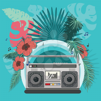 Retro 80s music poster with boombox and tropical leaves design.
