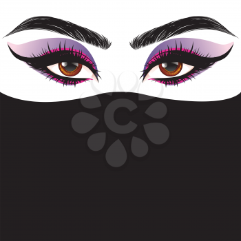 Brown female eyes with long eyelashes in black hijab.