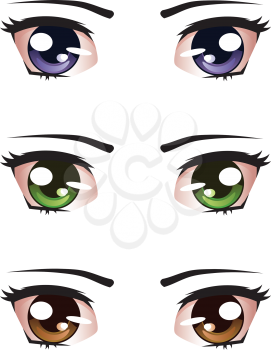 Set of colorful cartoon female eyes on white background.