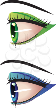 Two eyes of green and blue color in profile view.