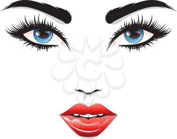 Eyes with long eyelashes and red lips, glamour portrait.