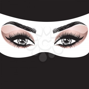 Fashion arabic female eyes makeup with long eyelashes, rose gold color eyeshadows.