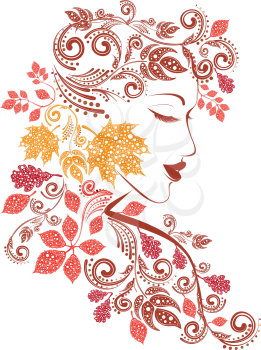 Colorful fall leaves, floral ornament and female portrait.