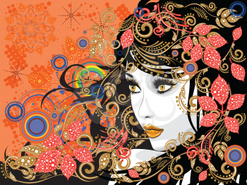 Colorful fall leaves, floral ornament and female portrait.