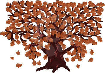 Illustration of big oak tree with autumn leaves.