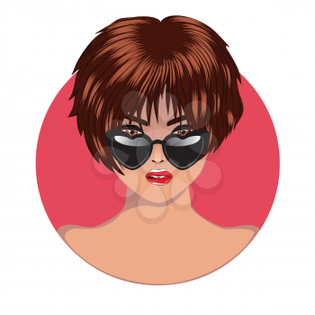 Woman with short brown hair in sunglasses, avatar design.