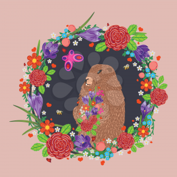 Greeting card design for Groundhog day with cute marmot and flowers.