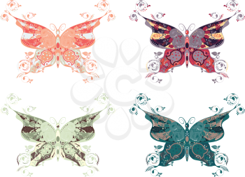 Set of abstract multicolored butterflies on white background.