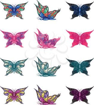 Set of abstract multicolored butterflies on white background.