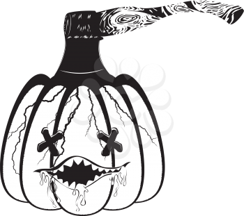 Cracked cartoon pumpkin and hatchet halloween illustration.