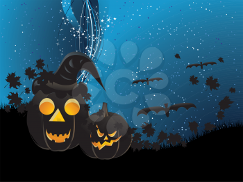 Two black Halloween pumpkins on blue wavy background with stars.