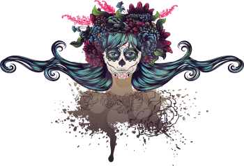 Day of the Dead illustration with sugar skull girl in decorative flower wreath.