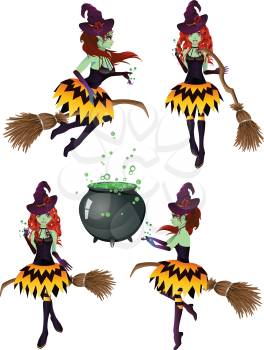 Stylized dark halloween witch and stylish broom.