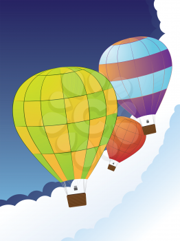 Colorful hot air balloons flies in the sky background.