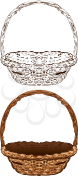 Illustration of brown wicker basket on white background.