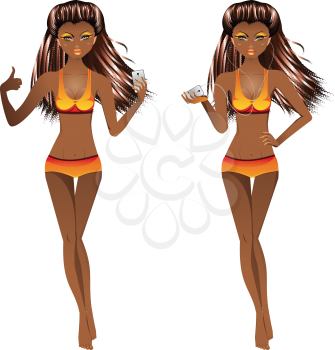 Fashion african american girl in swimsuit of orange color.