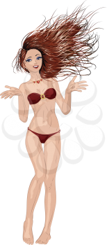 Pretty cartoon brunette girl in red bikini on white background.