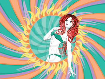Green bikini girl with red hair on abstract sun background.