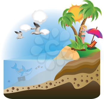 Cartoon girl in swimsuit on a tropical island.