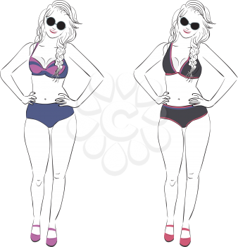 Illustration of a pear body type woman in different swimsuits, line art style .