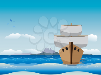 Seascape and cartoon wooden boat with a sail.