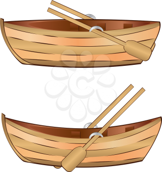 Vintage wooden boat with paddles on white background.