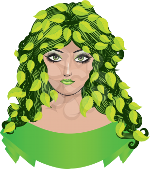 Illustration of a spring girl with green hair and leaves.