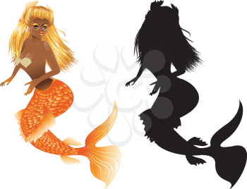 Fantasy mermaid with dark skin, orange tail and long blonde hair.