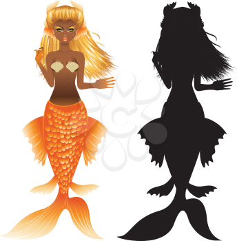 Fantasy mermaid with dark skin, orange tail and long blonde hair.