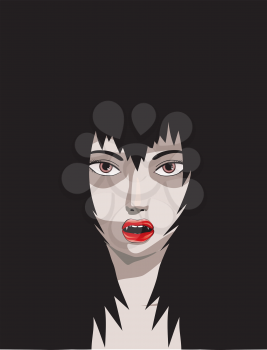 Abstract illustration of  woman vampire with fangs in the dark.