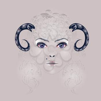 Art illustration of a girl face with makeup, two horns and curly hairstyle.