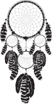 Decorative stylized dreamcatcher in black and white illustration.