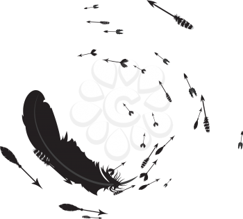 Silhouette of feather and abstract decorative arrows design.