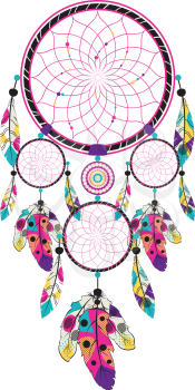 Decorative native dream catcher with colorful stylized feathers.