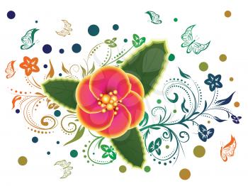 Colorful tropical flower and decorative floral ornament with butterflies.