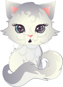 Cute white turkish angora kitten with blue eyes, cartoon illustration.