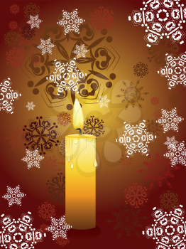 Decorative snowflakes and candle over red background.