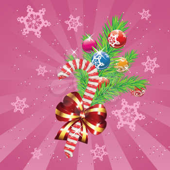 Tasty striped candy cane with red bow and Christmas tree branch.
