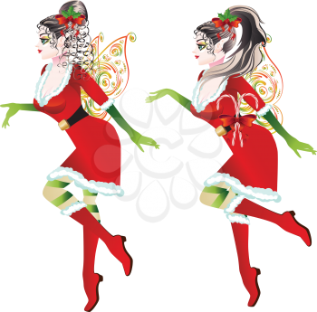 Cartoon girl wearing Santa elf outfit with fairy wings.