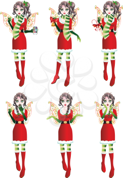 Cartoon girl wearing Santa elf outfit with fairy wings.