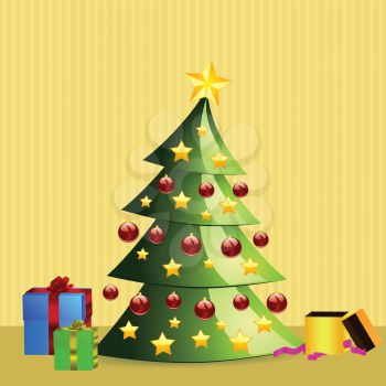 Illustration of green Christmas tree with gift boxes background.