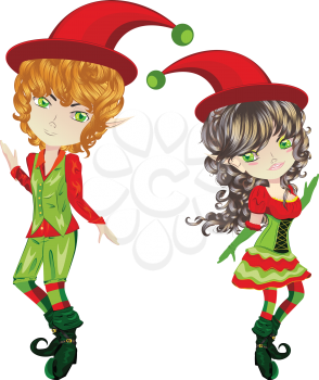 Couple of cute cartoon christmas elves in costumes.