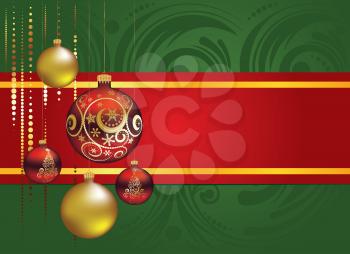 Greeting card with decorative red and gold Christmas balls ornaments.