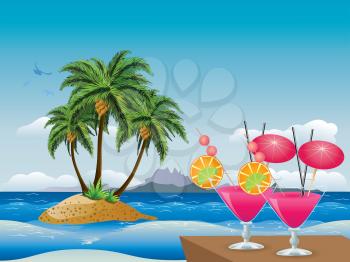 Two glasses of pink cocktail over tropical background with palms.