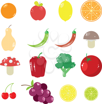 Different cartoon fruits and vegetables on white background.