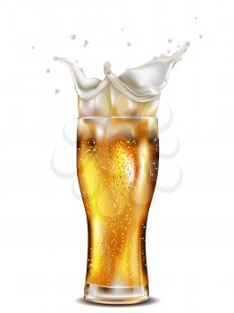 Glass of light beer with splashing foam on white background.