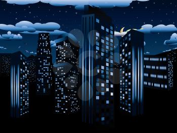 Urban background, skyscrapers in the night city illustration.