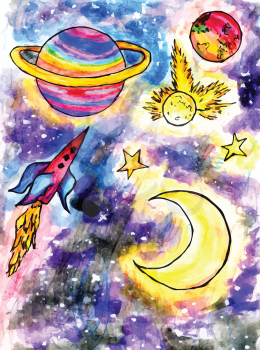 Abstract colorful alien space art, hand drawn background.