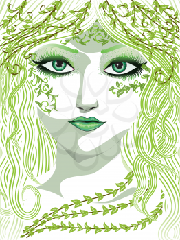 Beauty woman face with long hair and fresh green leaves.