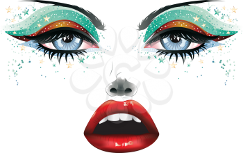 Abstract female face with colorful festival eye makeup and red lips.